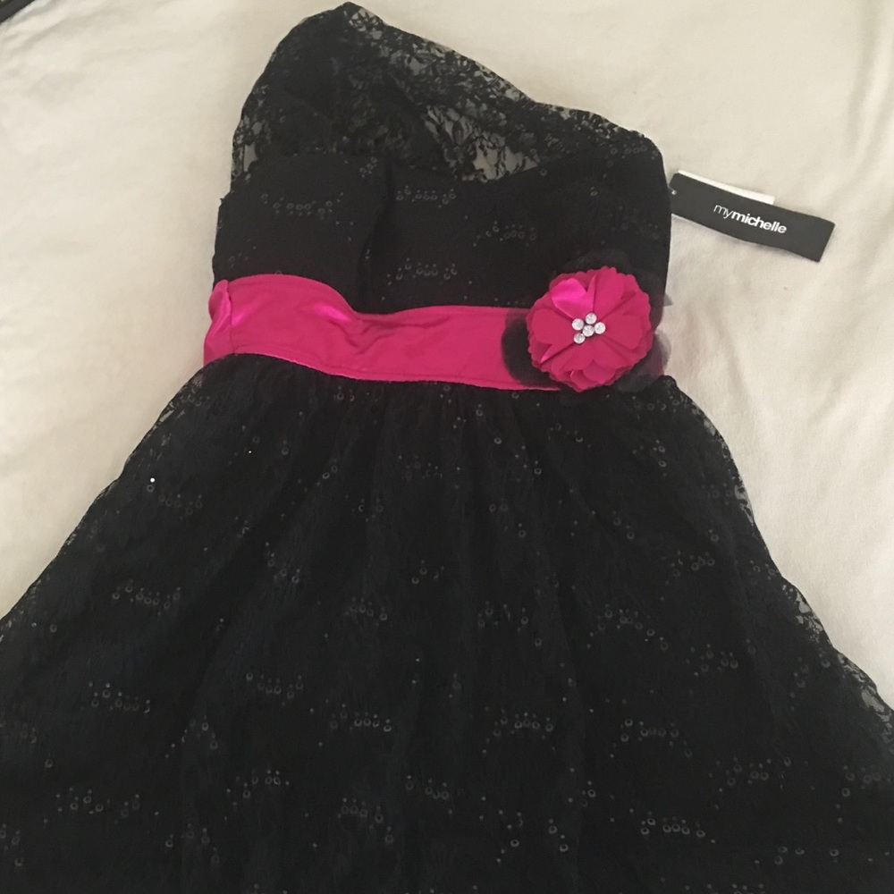 My Michelle Sequin Lace Black Asymmetrical Dress